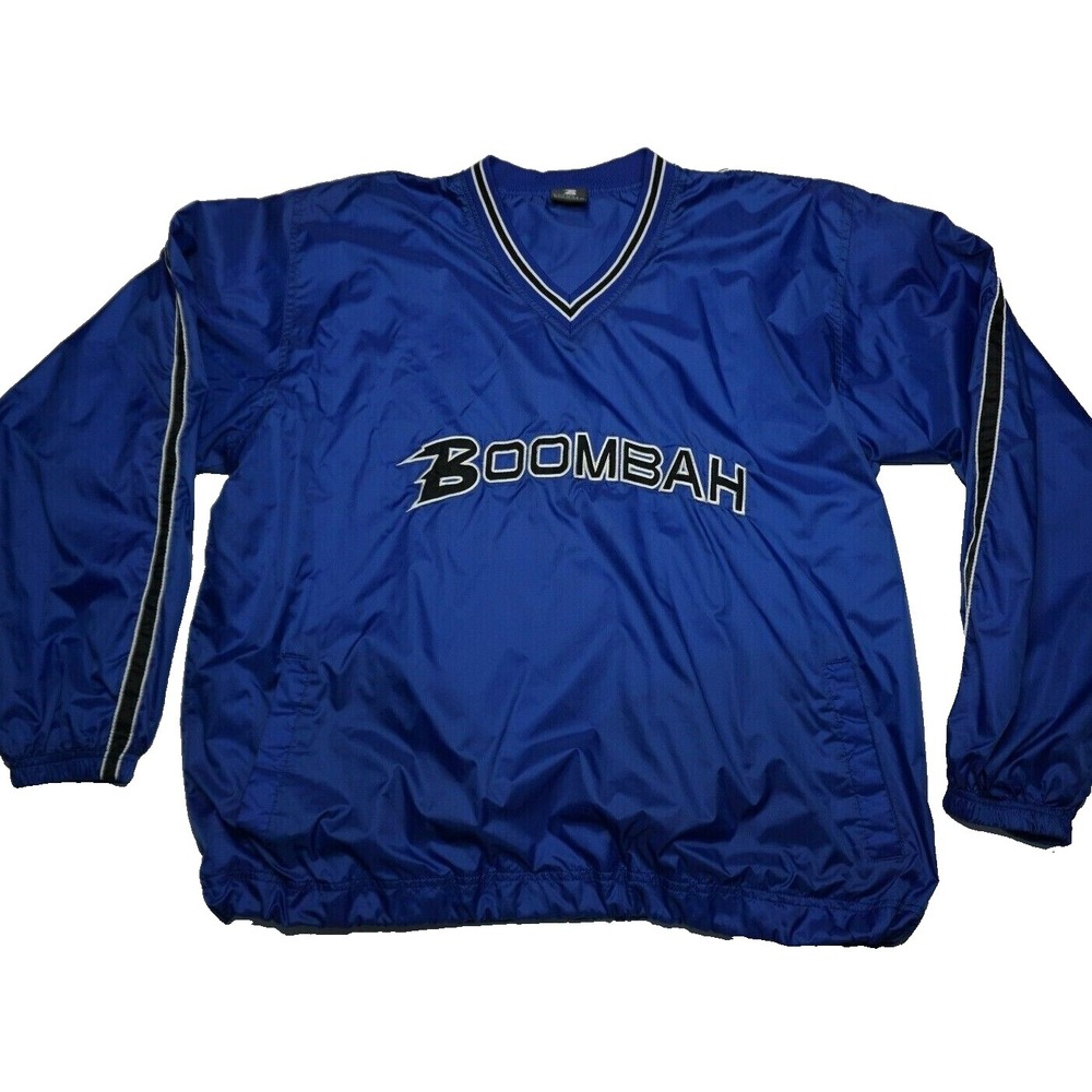 BOOMBAH Men Size XL Nylon Spell Out Logo Lined V-Neck Blue Pullover Windbreaker